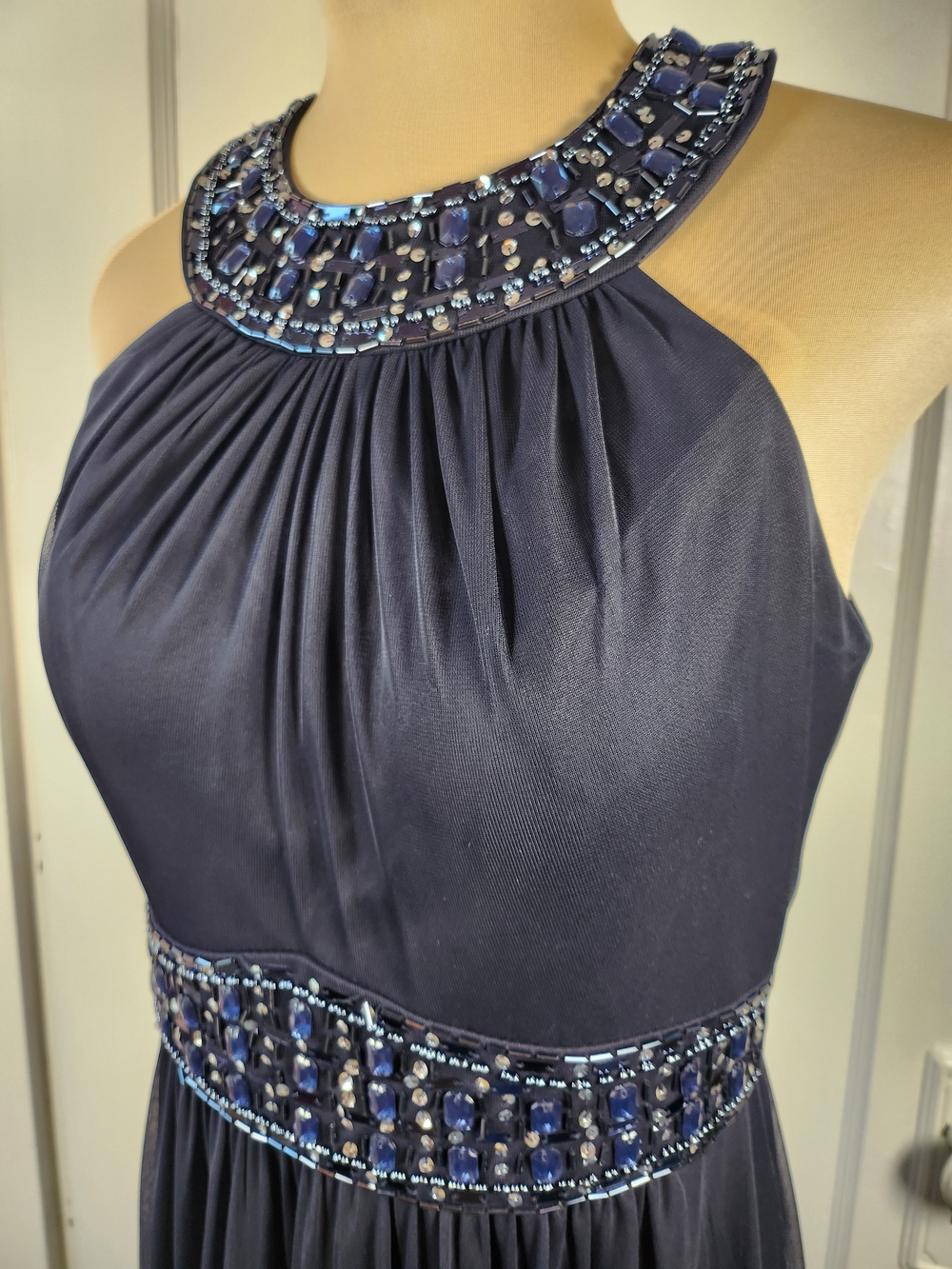 Jeweled Rhinestone Halter Maxi Dress in Deep Navy EXTRA LONG